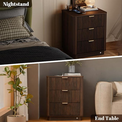 BONITURE Fluted Nightstand, Curved Night Stand with Charging Station Lighting, Wood End Table with 3 Drawers, Modern Side Table Storage Cabinet for Bedroom Office,(1, Walnut)