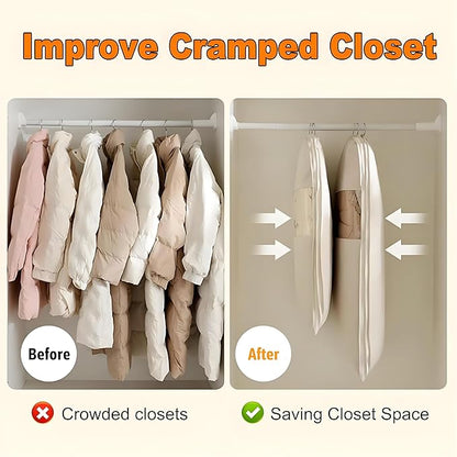 Space Saving Hanging Garment Bag with Self Compression Zipper, 2025 New Large Capacity Long Hanging Clothes Compression,Thick Satin Fabric Dust Cover Clothes Suit Bags for Coats, Down,Dress(Beige,XL)