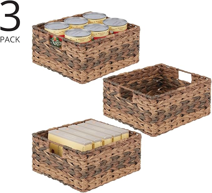 mDesign Woven Farmhouse Kitchen Pantry Food Storage Organizer Basket Bin Box - Container Organization for Cabinets, Cupboards, Shelves, Countertops - Store Potatoes, Onions, Fruit, 3 Pack, Brown Ombre
