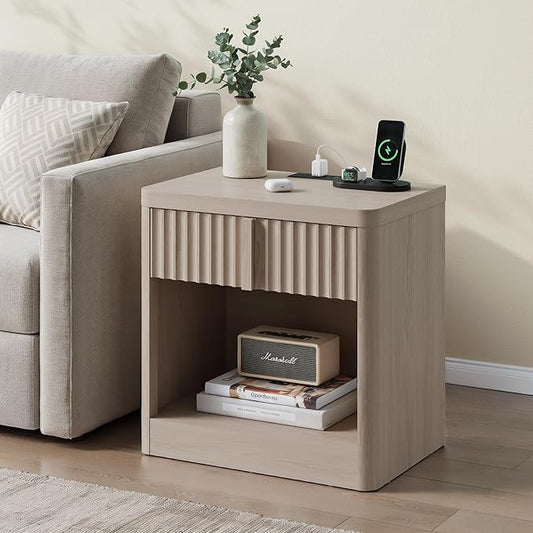 Harpaq Fluted Nightstand Set of 2 with Charging Station, 23.6" Wood End Table with Solid Wood Handle, Curved Profile Design, Mid Century Moden Bedside Table for Bedroom, White Alder