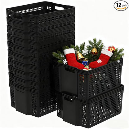 12 Pack Large Plastic Storage Baskets Bins, Multi-Purpose Organizer Weave Basket for Shelves, Closets, Offices (Black)
