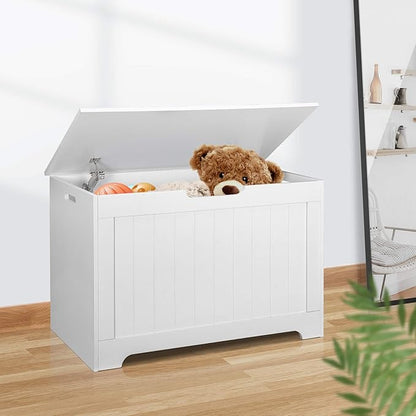 30 inches Kids Wooden Toy Chest Storage Space with 2 Safety Hinge Modern Decorative Toys Bench Box for Playroom Bedroom Living Room (White)
