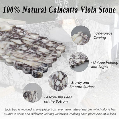 100% Real Natural Marble Tray, Genuine Calacatta Viola Scalloped Stone Tray, Luxury Decorative Trays for Bathroom Dresser, Vanity, Home, Kitchen Decor, Non-Resin/Ceramic, 10.6"x 8", Purple
