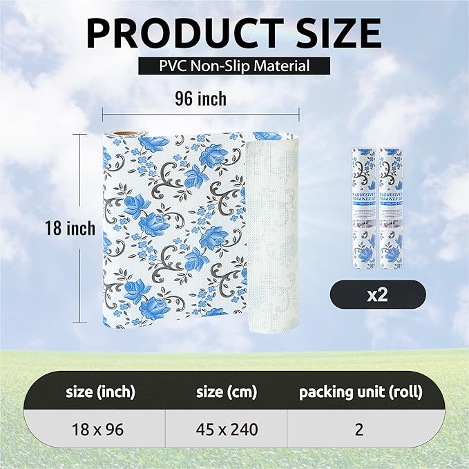 FIFTY FEET 18X96 Inch Shelf Liner for Kitchen Cabinets, PVC Drawer Liner for Dresser Non-Slip Bathroom, Non-Adhesive Cabinet Liner Washable (Blue Floral)(2 Roll)