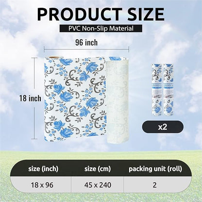 FIFTY FEET 18X96 Inch Shelf Liner for Kitchen Cabinets, PVC Drawer Liner for Dresser Non-Slip Bathroom, Non-Adhesive Cabinet Liner Washable (Blue Floral)(2 Roll)