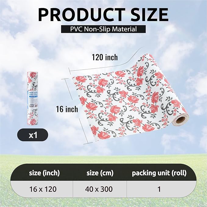 FIFTY FEET 16X120 Inch Shelf Liner for Kitchen Cabinets, PVC Drawer Liner for Dresser Non-Slip Bathroom, Non-Adhesive Cabinet Liner Washable (Red Floral)(1 Roll)