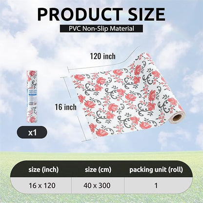 FIFTY FEET 16X120 Inch Shelf Liner for Kitchen Cabinets, PVC Drawer Liner for Dresser Non-Slip Bathroom, Non-Adhesive Cabinet Liner Washable (Red Floral)(1 Roll)