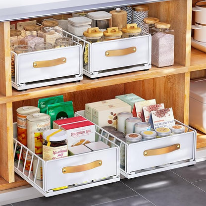 Pull out Cabinet Organizer Fixed with Adhesive Nano Film,Heavy Duty Slide out Pantry Shelves Drawer Storage,Sliding Mesh Cabinet Basket with Handle for Kitchen, Bathroom,Home, 9.8"W X 15.7"D X 6.2"H