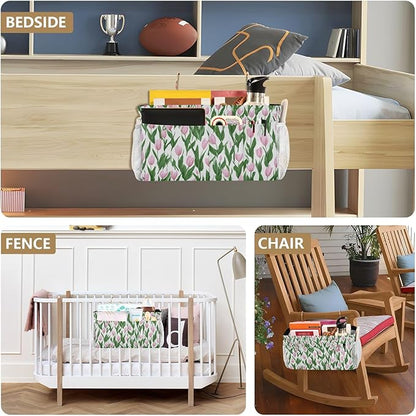 CuwrYet Bedside Caddy Hanging Bunk Bed Caddy Bed Organizer Hanging Pocket with 2 Hooks Bedside Storage Organizer Pocket Bag Holder Small Tulips Pink