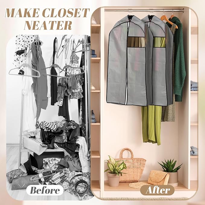 2 Pcs 10" Gusseted Garment Bags for Hanging Clothes Dress Bags for Gowns Long Closet Waterproof Garment Covers Wedding Dress Cover Traveling Clothes Protector(Gray,43 Inch)