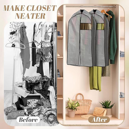2 Pcs 10" Gusseted Garment Bags for Hanging Clothes Dress Bags for Gowns Long Closet Waterproof Garment Covers Wedding Dress Cover Traveling Clothes Protector(Gray,43 Inch)