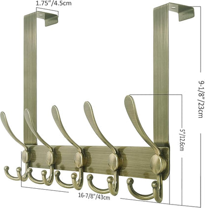 SKOLOO Over The Door Hook - for Doors up to 1-3/4'' Thickness, Pack of 2, Metal Door Hanger with 5 Triple Hooks, Bronze Over The Door Hanger for Coats, Hats,Towels, Assembly Required