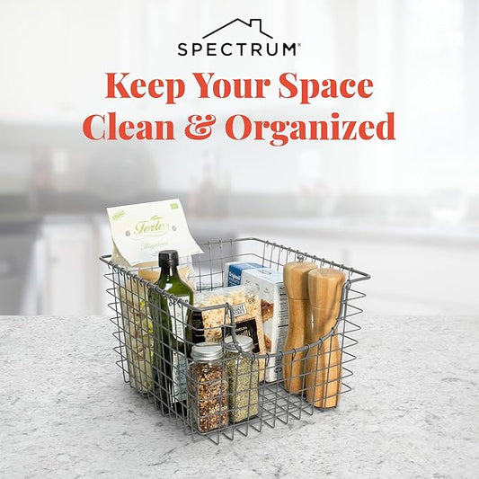 Spectrum Wire Scoop Basket Storage Bin Industrial Gray Medium Metal Wire Basket Organizer for Kitchen Pantry Wire Storage Bins, Heavy Duty Rectangle Wire Storage for Kitchen Organization