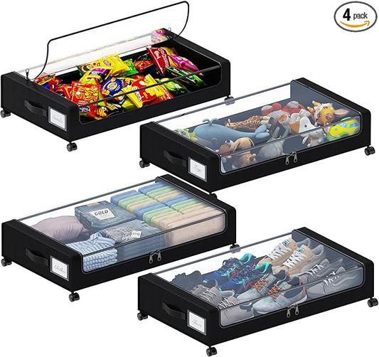 Under Bed Storage with Wheels, XXL 60L Under the Bed Storage Bins, Underbed Storage Containers with Lids & Label, Rolling Metal Drawer for Shoes, Clothes, Books, Toys (4-Pack Black)
