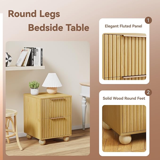 HOCAT Fluted Nightstand Set of 2, Natural Oak Finish Bedside Table with Spacious Storage Drawers, Night Stand with Solid Wood Round Legs for Bedroom, End Table, Side Table