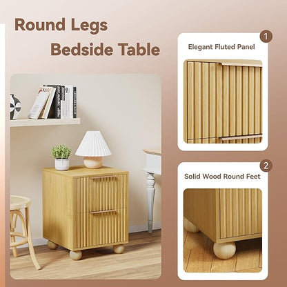 HOCAT Fluted Nightstand, Natural Oak Finish Bedside Table with Spacious Storage Drawers, Night Stand with Solid Wood Round Legs for Bedroom, End Table, Side Table