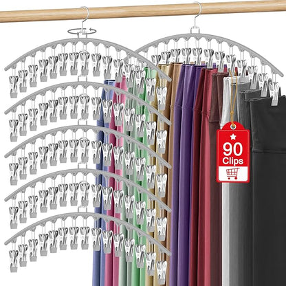 6 Pack Legging Organizer for Closet Hanging, Pants Hangers with Clips Holds 95 Leggings, Shorts, Skirts, Jeans, Hats, Pants Hangers Space Saving Clothes Racks Closet Organizers and Storage, Grey