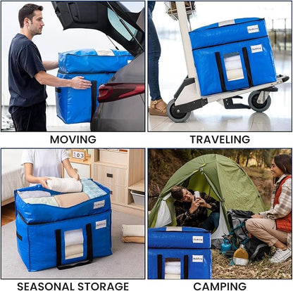 TAILI 2 Tier Extra Large Moving Bags, 4 Pack Blue Heavy Duty Totes for Storage with Visible Window, Wrap Around Handles, Storage Bags for Space Saving, Alternative to Moving Boxes