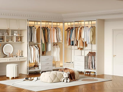 Garment Rack Heavy Duty Clothes Rack for Hanging Clothes, Freestanding Clothing Rack with 3 Fabric Drawers, Wood Stoarge Shelf, Adjustable Closet Racks, Corner L Shaped Closet System Organizers, White