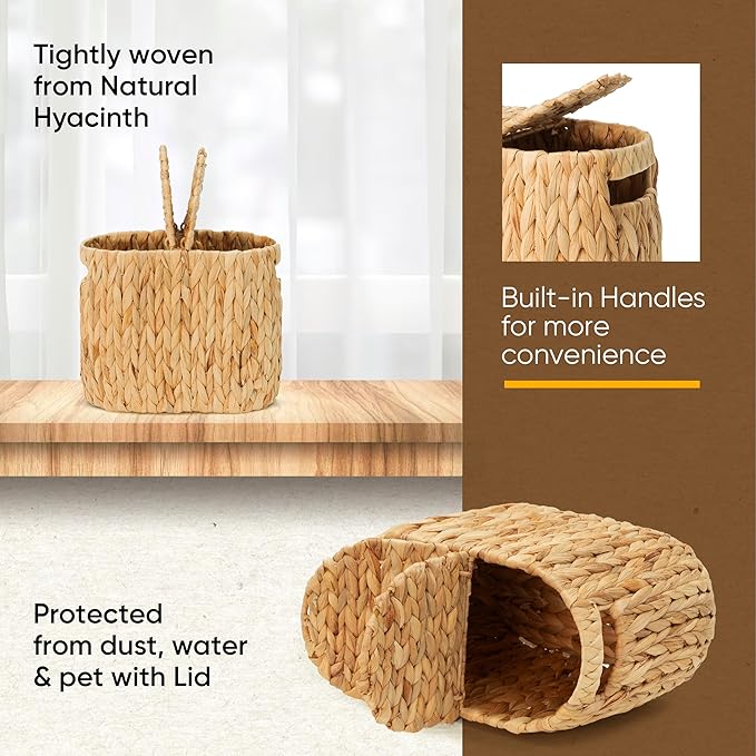 Toilet Paper Basket with Lid, Woven Natural Water Hyacinth Toilet Paper Storage, Papers Container for 4 Mega Rolls, Storage Holder with Built-in Handles, Slim Bathroom Stand Basket Organizer for Decor