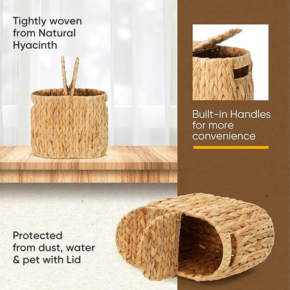 Toilet Paper Basket with Lid, Woven Natural Water Hyacinth Toilet Paper Storage, Papers Container for 4 Mega Rolls, Storage Holder with Built-in Handles, Slim Bathroom Stand Basket Organizer for Decor