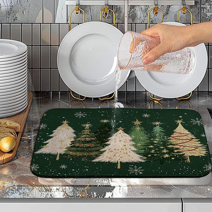 Wnoesat Green Christmas Tree Snowflakes Dish Drying Mat for Kitchen Counter 16x18 Inch Winter Xmas Holiday Dish Rack Mat Absorbent Microfiber Dish Draining Mat Reversible Drainer Pad