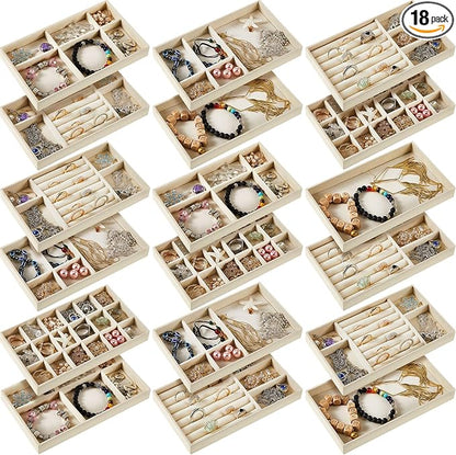 Junkin 18 Pcs Velvet Jewelry Tray Stackable Jewelry Drawer Organizer Jewellery Box Divided Display Tray for Earring Bangle(Beige)