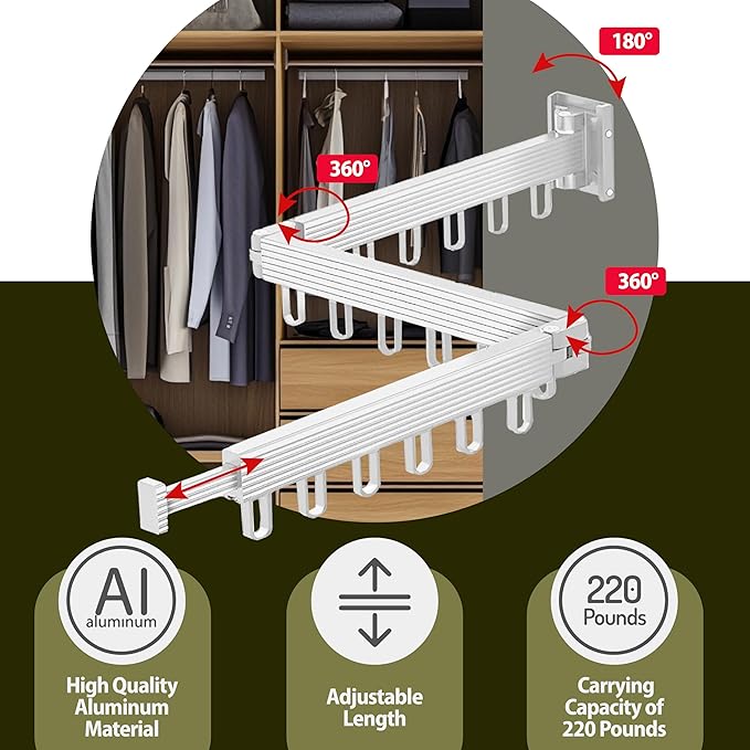Clothes Drying Rack - Comes with Portable Travel Clothes Hanger 2X -Wall Mounted Drying Rack - Space Saving - Easy to Install - Clothes Hanging - Retractable - (Tri-Fold) (White/Beige)
