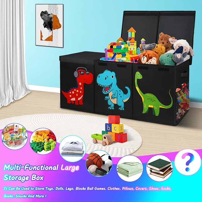 Extra Large Toy Box, Collapsible Sturdy Toy Storage Organizer with Lids, Dinosaur Toy Box for Boys Girls, 40"x16"x16" Kids Toy Chest Bin Baskets for Living Room, Playroom, Bedroom, Nursery, Black