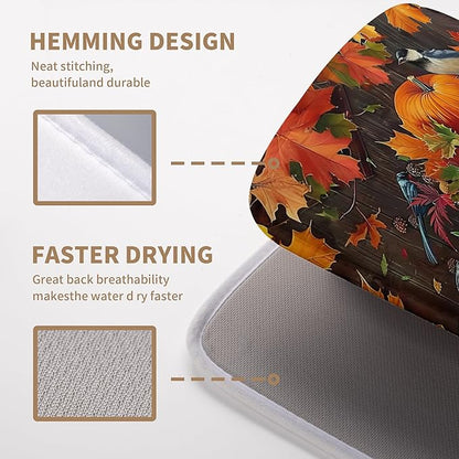 Fall Pumpkin Maple Leaf Bird Dish Drying Mat for Kitchen Counter 18x24 Inch Autumn Harvest Reversible Microfiber Drying Mats Thanksgiving Drying Pad Orange Brown Super Absorbent Dish Drainer Mats