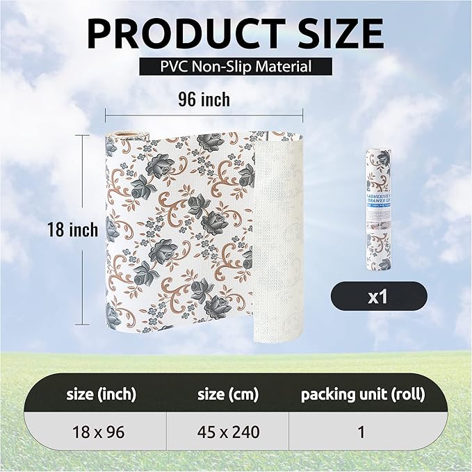 FIFTY FEET 18X96 Inch Shelf Liner for Kitchen Cabinets, PVC Drawer Liner for Dresser Non-Slip Bathroom, Non-Adhesive Cabinet Liner Washable (Black Floral)(1 Roll)