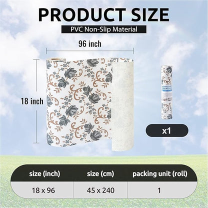 FIFTY FEET 18X96 Inch Shelf Liner for Kitchen Cabinets, PVC Drawer Liner for Dresser Non-Slip Bathroom, Non-Adhesive Cabinet Liner Washable (Black Floral)(1 Roll)