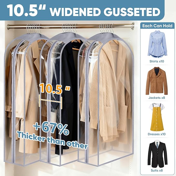 BALEINE 50'' Clear Garment Bags for Hanging Clothes, 10.5'' Wide PEVA Suit Bag for Closet Clothes Dresses Coat (Clear, 3PK)