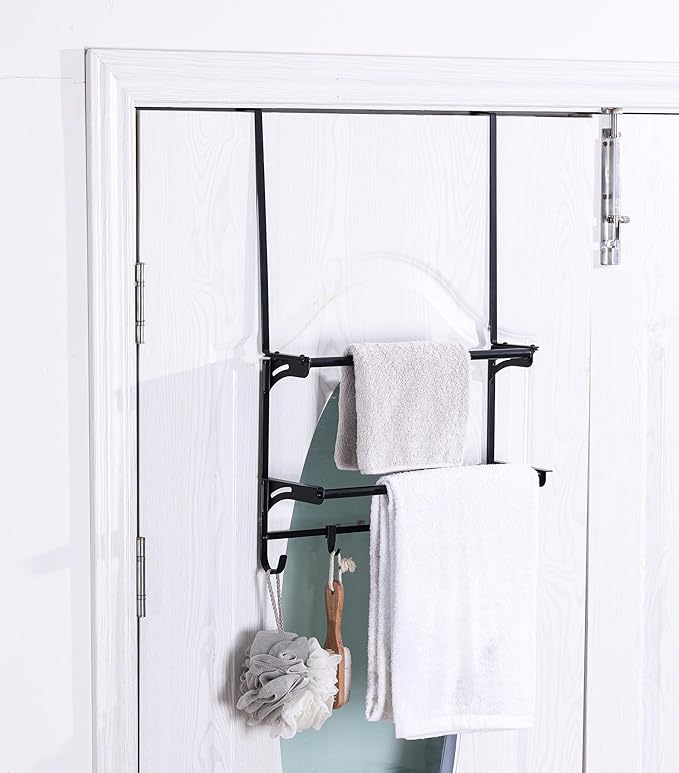 Over The Door Towel Rack, 2-Tier Bathroom Towel Rack with 6 Hooks for Door Hanging, Behind Door Towel Bar Towel Storage Holder for Small Bathroom, 16.1" L x 5.1" Wx 24.2" H