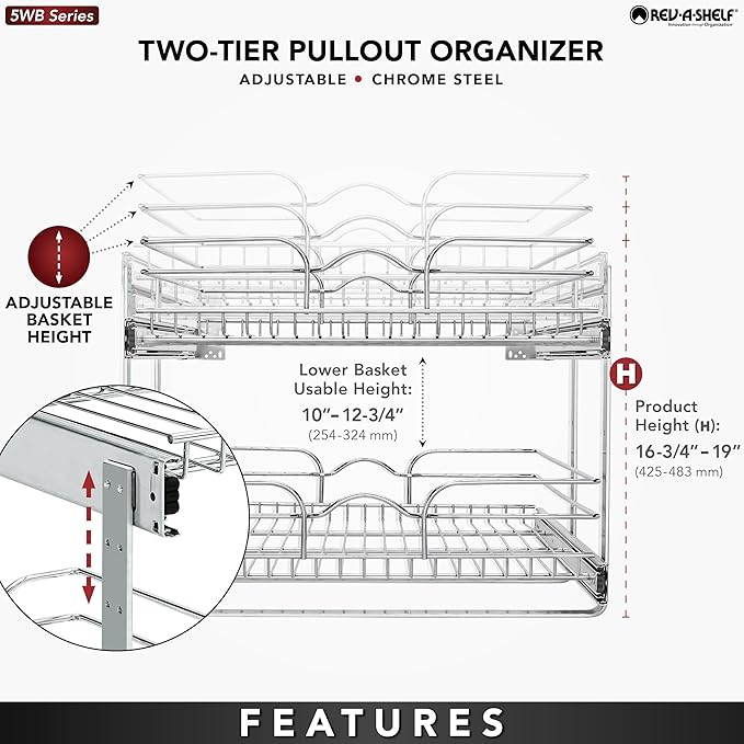 Rev-A-Shelf 2 Tier Pull Out Under Sink Organizer, 21 x 22 Inch, Steel Wire Pots and Pans Organizer, Tape Measure Included