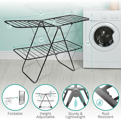 Brookstone 2 Tier Folding Rack – Indoor/Outdoor Collapsible Clothes Dryer Stand Laundry or Shoe Rack,Heavy Duty Freestanding Garment Hanger, Foldable, Portable Air Dry Holder