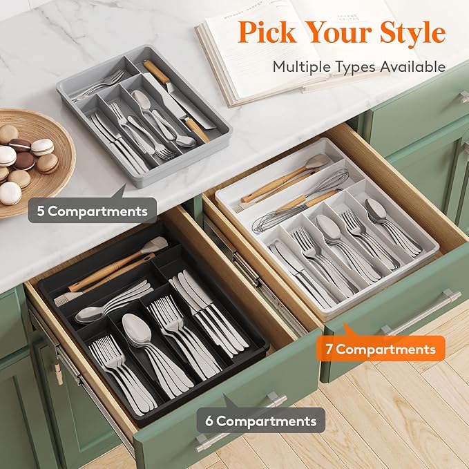 Lifewit Silverware Tray, Deep Wide Cutlery Drawer Organizer Storage for Kitchen, Plastic Flatware Utensil Holder Divider for Spoons Forks Knives Tableware, 7 Compartment, Black