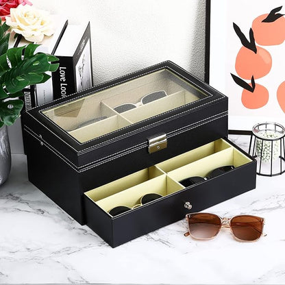 PATIKIL Sunglasses Organizer for Women Men, 12 Slot Leather Eyeglass Display Case Holder with Drawer Double-Layer Eyewear Storage Box, Black
