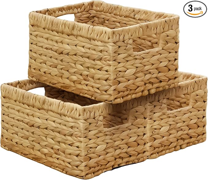 KOKODO Pack 3 Medium Wicker Storage Baskets with Handles, Stylish and Durable Water Hyacinth Rectangle Handwoven Basket Bin with Metal Frame & Handle for Room Organizing
