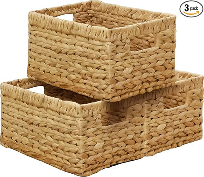 KOKODO Pack 3 Medium Wicker Storage Baskets with Handles, Stylish and Durable Water Hyacinth Rectangle Handwoven Basket Bin with Metal Frame & Handle for Room Organizing