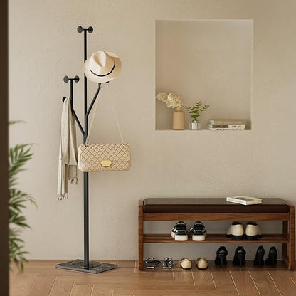 Coat Rack Stand, Freestanding Metal Coat Rack with Sturdy Marble Base, Modern Standing Coat Rack Tree for Entryway, Bedroom, Office & Hallway, Space-Saving Design, Black, 68.9 Inches Tall