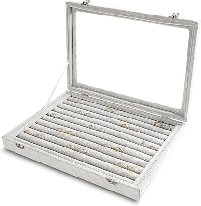 Frebeauty Rings/Earrings Organizer Tray with Clear Lid 10 Slots Velvet Drawer Insert Jewelry Storage box with Glass lid Jewelry Display Case Showcase Gift for Girls Women (Grey, 10 Slots)