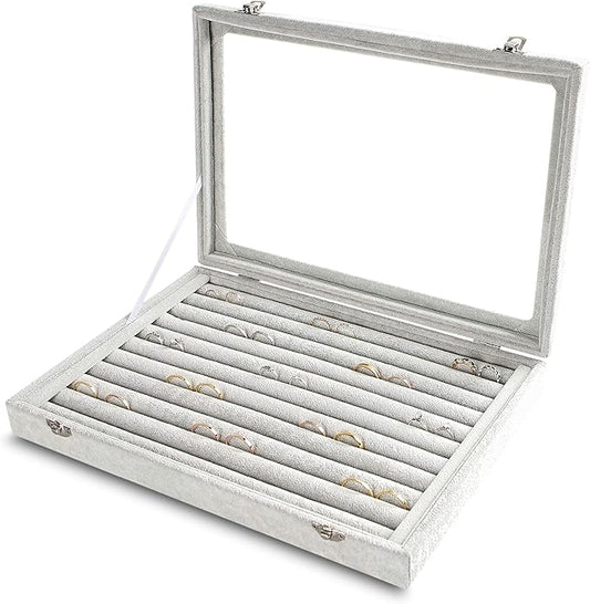 Frebeauty Rings/Earrings Organizer Tray with Clear Lid 10 Slots Velvet Drawer Insert Jewelry Storage box with Glass lid Jewelry Display Case Showcase Gift for Girls Women (Grey, 10 Slots)