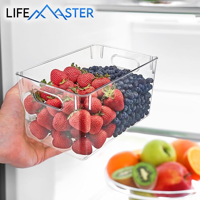 Lifemaster Stackable Refrigerator Bins - Set of 14 Large Capacity Organizers with Easy Grip Handles - Clear and Versatile for Kitchen Storage