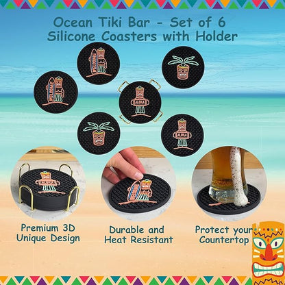 Tiki Bar Warriors Coasters Set of 6 with Holder, Bar Decor Silicone Coasters with Welcome, Aloha and Warrior, Luau and Hawaiian Decor Black Coaster, Outdoor Tiki Rubber Decorations