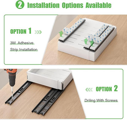 2 Pcs Pull Out Drawers for Cabinets Organizer Expandable Width(11.8"-19.4"), Depth(16.45"-21.7") With 3 Rails, No Drill Roll Out Drawer, Adhesive Sliding Drawers for Kitchen Pantry Storage Adjust