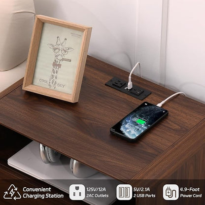 GlowVitaHome Nightstands Set of 2, Wood Bedside Tables with 2 Drawers and Open Storage, Accent End Tables with Solid Wood Legs for Bedroom,Walnut