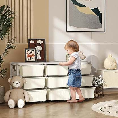 Qaba 3 Tier Kids Storage Unit, Toy Organizers and Storage with 9 Drawer Chest for Kids Bedroom Nursery Kindergarten Living Room for Boys Girls Toddlers, Cream White