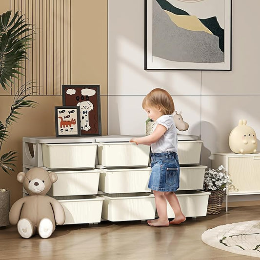 Qaba 3 Tier Kids Storage Unit, Toy Organizers and Storage with 9 Drawer Chest for Kids Bedroom Nursery Kindergarten Living Room for Boys Girls Toddlers, Cream White