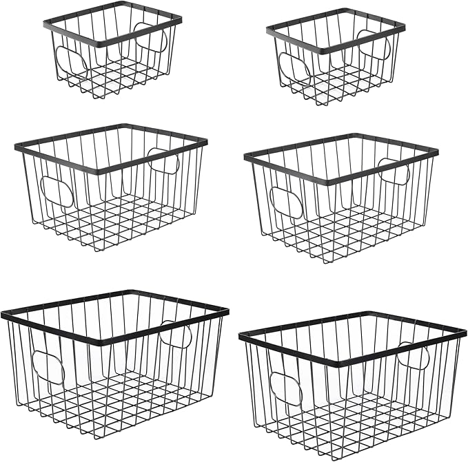 happimess BSK3001A-6SET Camden Vintage Industrial Wire Metal Nesting Storage Baskets for Shelves, Cabinets, Pantry, Countertop, Mesh Open Bin Basket for Organizing Supplies, Black (Set of 6)